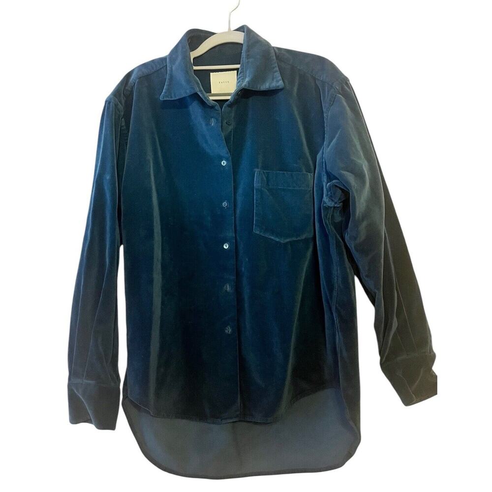 Xacus Velvet Blouse •Women 44/ US 8• Teal Button Up Shirt Long Sleeve Italy $375
